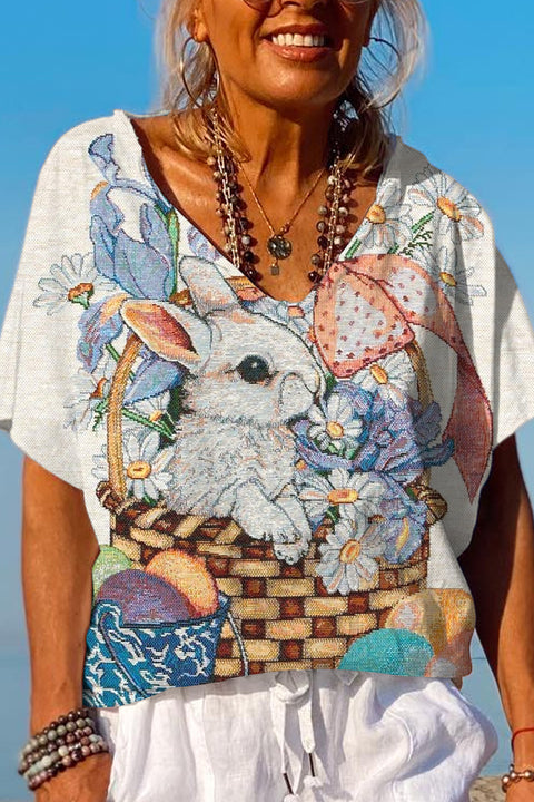 Flower Basket Flower Egg Gift Rabbit Flower Basket Dolman Sleeves Tee