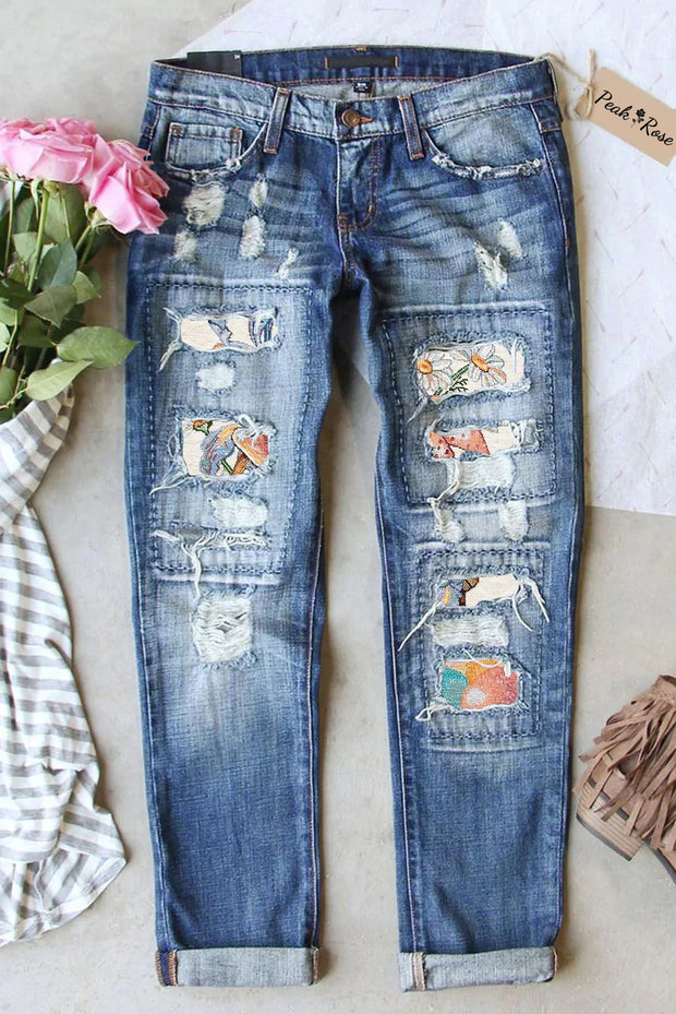 Flower Basket Flower Egg Gift Rabbit Flower Basket Ripped Denim Jeans