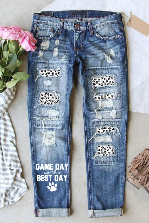 Game Day Is The Best Day & Pets Paw Basketball Pattern Ripped Denim Jeans