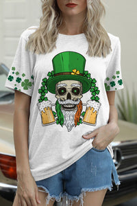 Skull Green Hat Four Leaf Clover Clover Round Neck T-shirt
