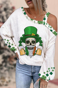 Skull Green Hat Four Leaf Clover Clover Off Shoulder Blouse