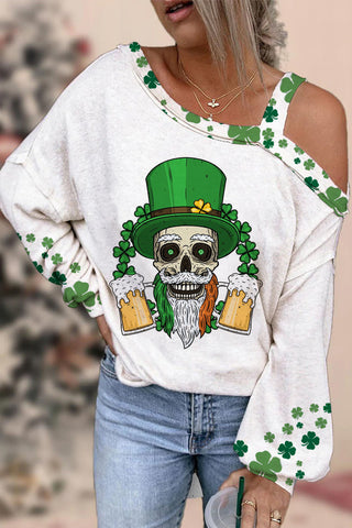Skull Green Hat Four Leaf Clover Clover Off Shoulder Blouse