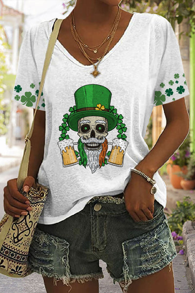 Skull Green Hat Four Leaf Clover Clover V Neck T-shirt