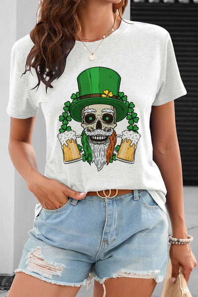 Skull Green Hat Four Leaf Clover Clover Short T-shirt