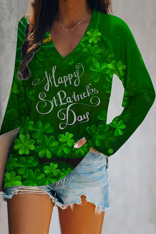 Happy St Ratricks Day Green Clover Flower Body Lettering Print V-Neck Long Sleeve Tee