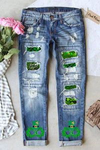 Happy St Ratricks Day Green Clover Flower Body Lettering Print Jeans