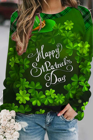 Happy St Ratricks Day Green Clover Flower Body Lettering Print Long-Sleeved Sweatshirt
