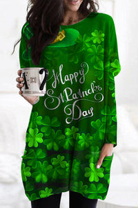 Happy St Ratricks Day Green Clover Flower Body Lettering Print Round Neck Tunic With Pockets
