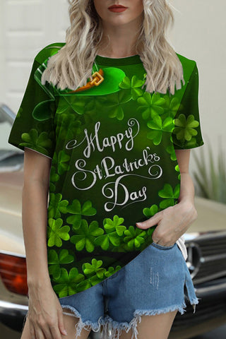 Happy St Ratricks Day Green Clover Flower Body Lettering Print Short-Sleeved T-Shirt