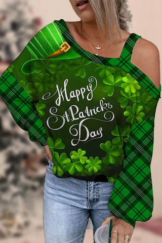 Happy St Ratricks Day Green Clover Flower Body Lettering Print Slant Shoulder One-Piece Collar Off-shoulder Blouse