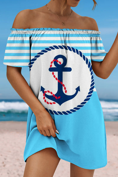 Beach Stripe Anchor Ruffled Boat Neck Strapless Dress