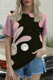 Little Bunny Peeping Under Pink Clouds And Moon At Night Round Neck T-shirt