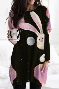 Little Bunny Peeping Under Pink Clouds And Moon At Night Tunic with Pockets