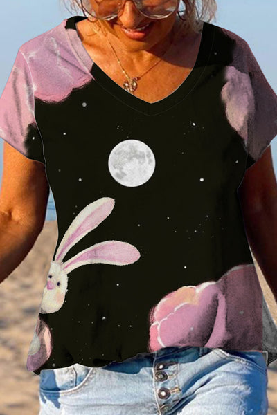 Little Bunny Peeping Under Pink Clouds And Moon At Night V Neck T-shirt
