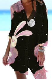 Little Bunny Peeping Under Pink Clouds And Moon At Night Patch Front Pockets Shirt