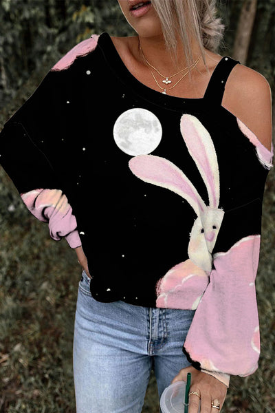 Little Bunny Peeping Under Pink Clouds And Moon At Night Off-Shoulder Blouse