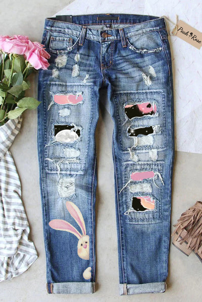 Little Bunny Peeping Under Pink Clouds And Moon At Night Ripped Denim Jeans