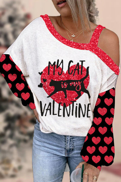 Love My Cat Is My Valentine Off-shoulder Blouse