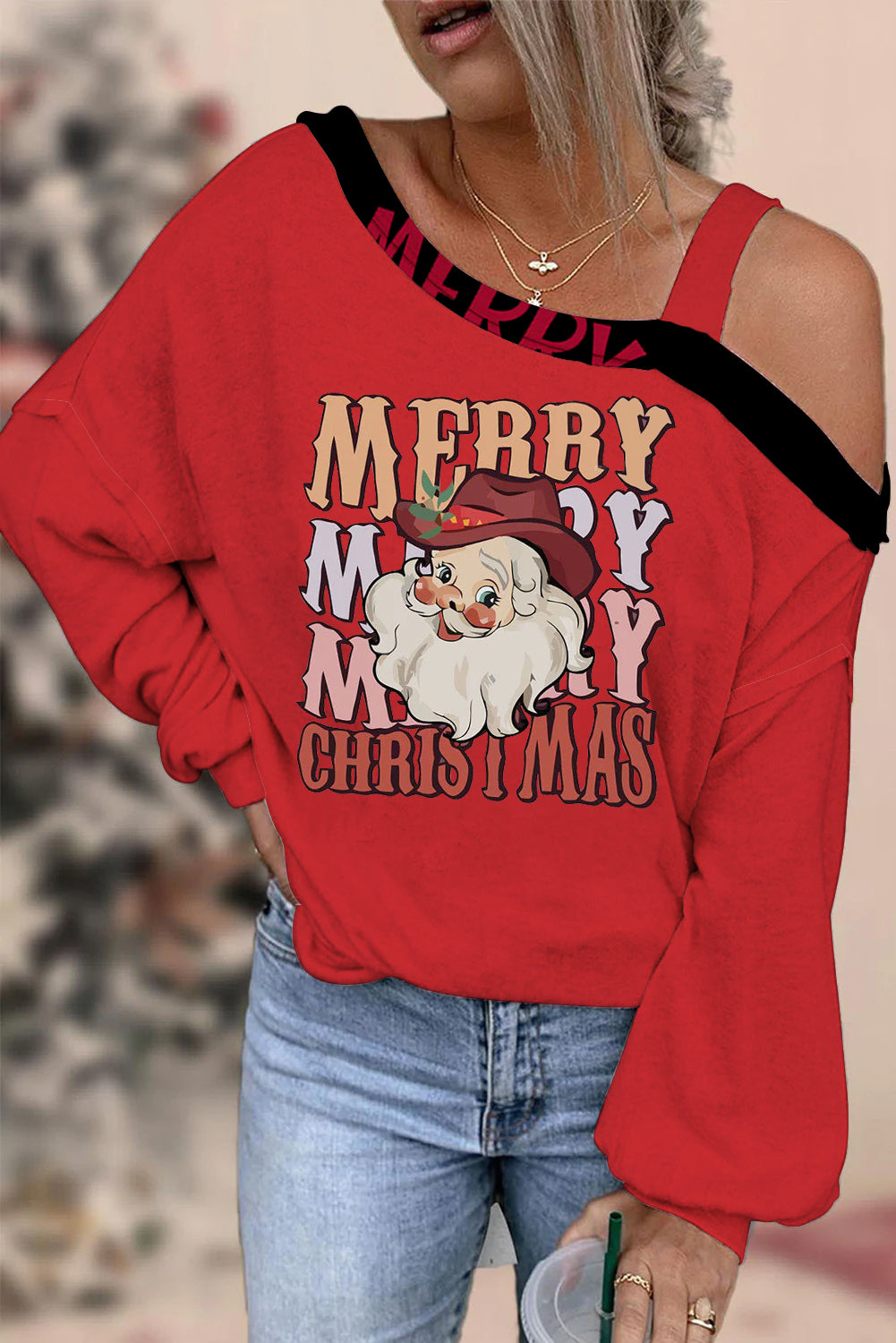 Merry Cowboy Santa Off-Shoulder-Bluse