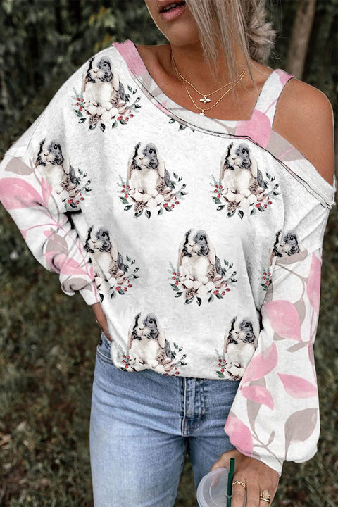 Plant Flowers & Leaves Cute Rabbit Full Print Off-Shoulder Blouse