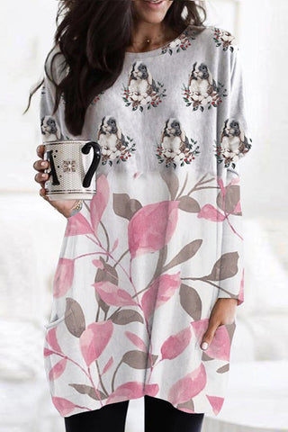 Plant Flowers & Leaves Cute Rabbit Full Print Tunic with Pockets