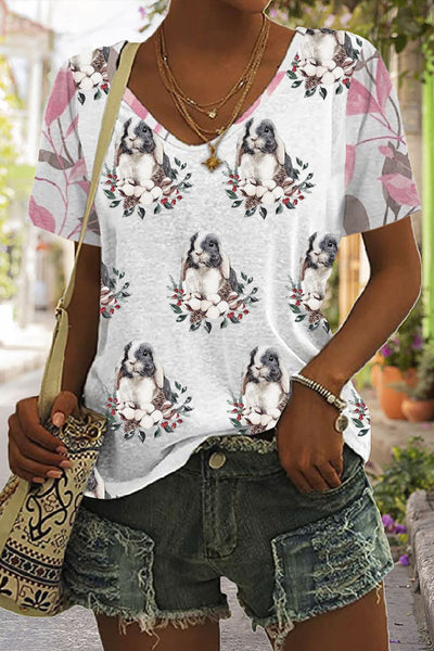 Plant Flowers & Leaves Cute Rabbit Full Print V-neck T-shirt