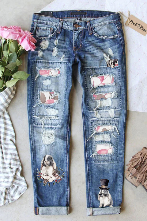 Plant Flowers & Leaves Cute Rabbit Full Print Ripped Denim Jeans