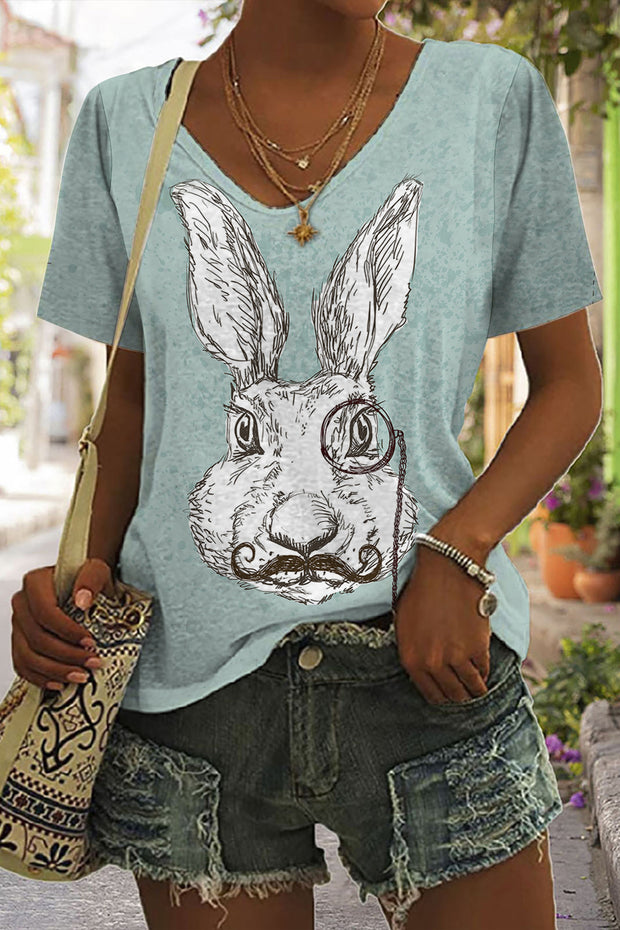 Rabbit With Monocle Print V-neck T-shirt