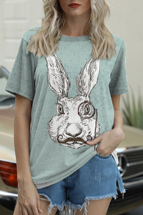 Rabbit With Monocle Print Round Neck T-shirt