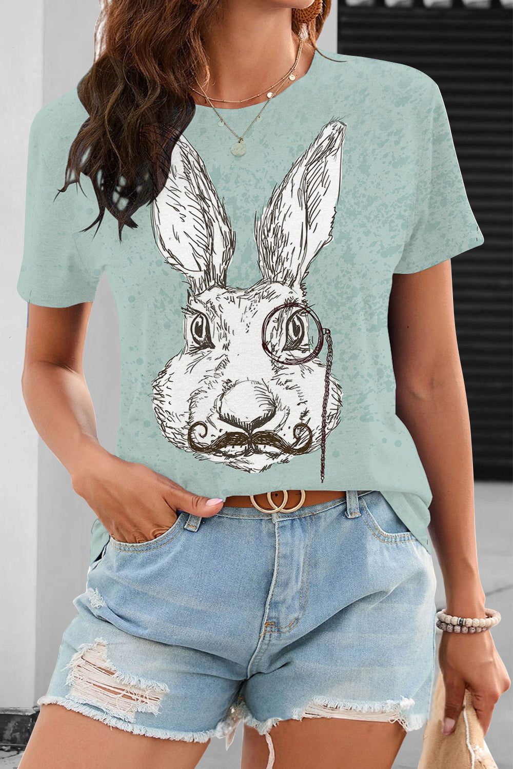 Rabbit With Monocle Print T-Shirt