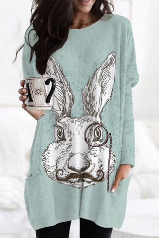 Rabbit With Monocle Print Tunic with Pockets