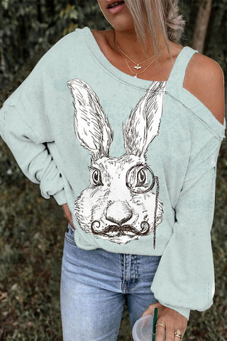 Rabbit With Monocle Print Off-Shoulder Blouse