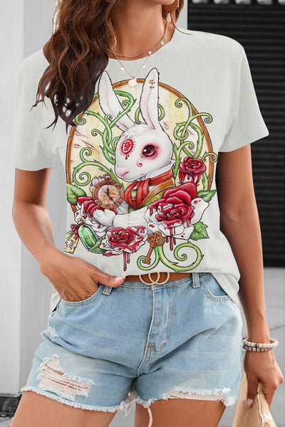 Rose Clock Flower Vine White Rabbit Mythical Beast O Neck T-shirt