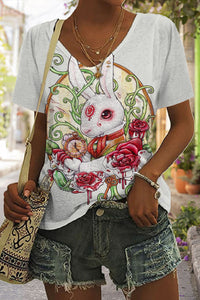 Rose Clock Flower Vine White Rabbit Mythical Beast V Neck T-shirt