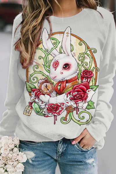 Rose Clock Flower Vine White Rabbit Mythical Beast Sweatshirt