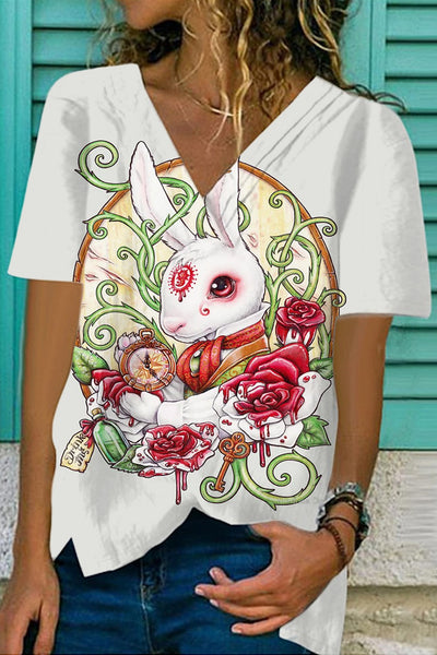 Rose Clock Flower Vine White Rabbit Mythical Beast Fold V Neck Loose T-Shirt