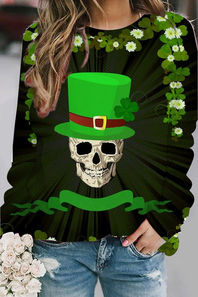 Green Hat Pirate Drinking Beer Skeleton Four Leaf Clover Clover Sweatshirt