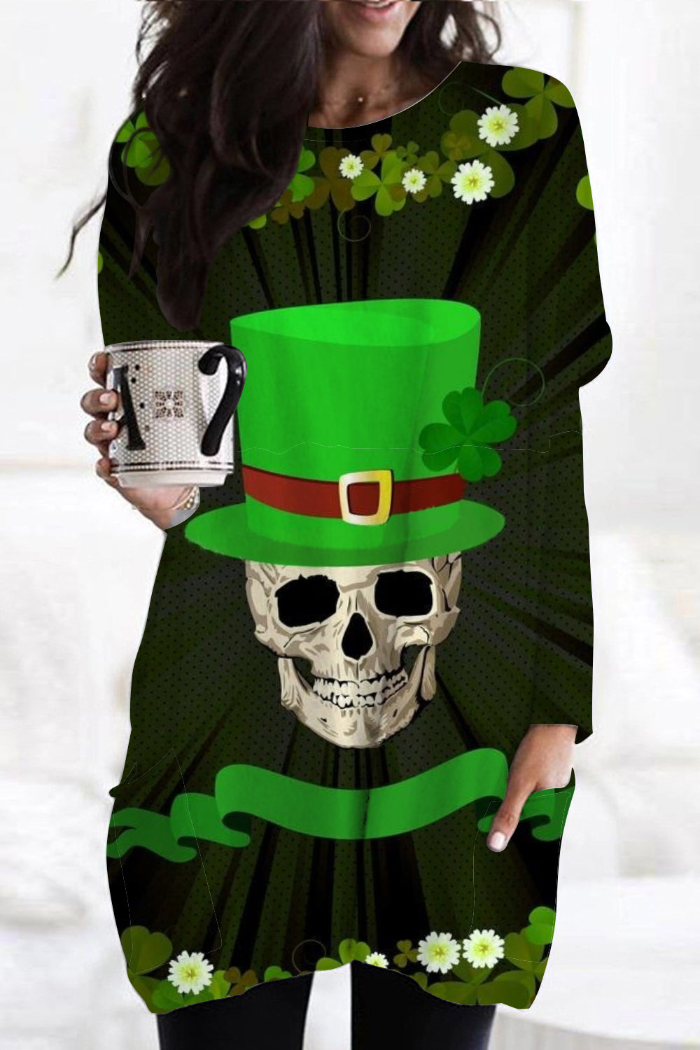 Green Hat Pirate Drinking Beer Skeleton Four Leaf Clover Clover Tunic with Pockets