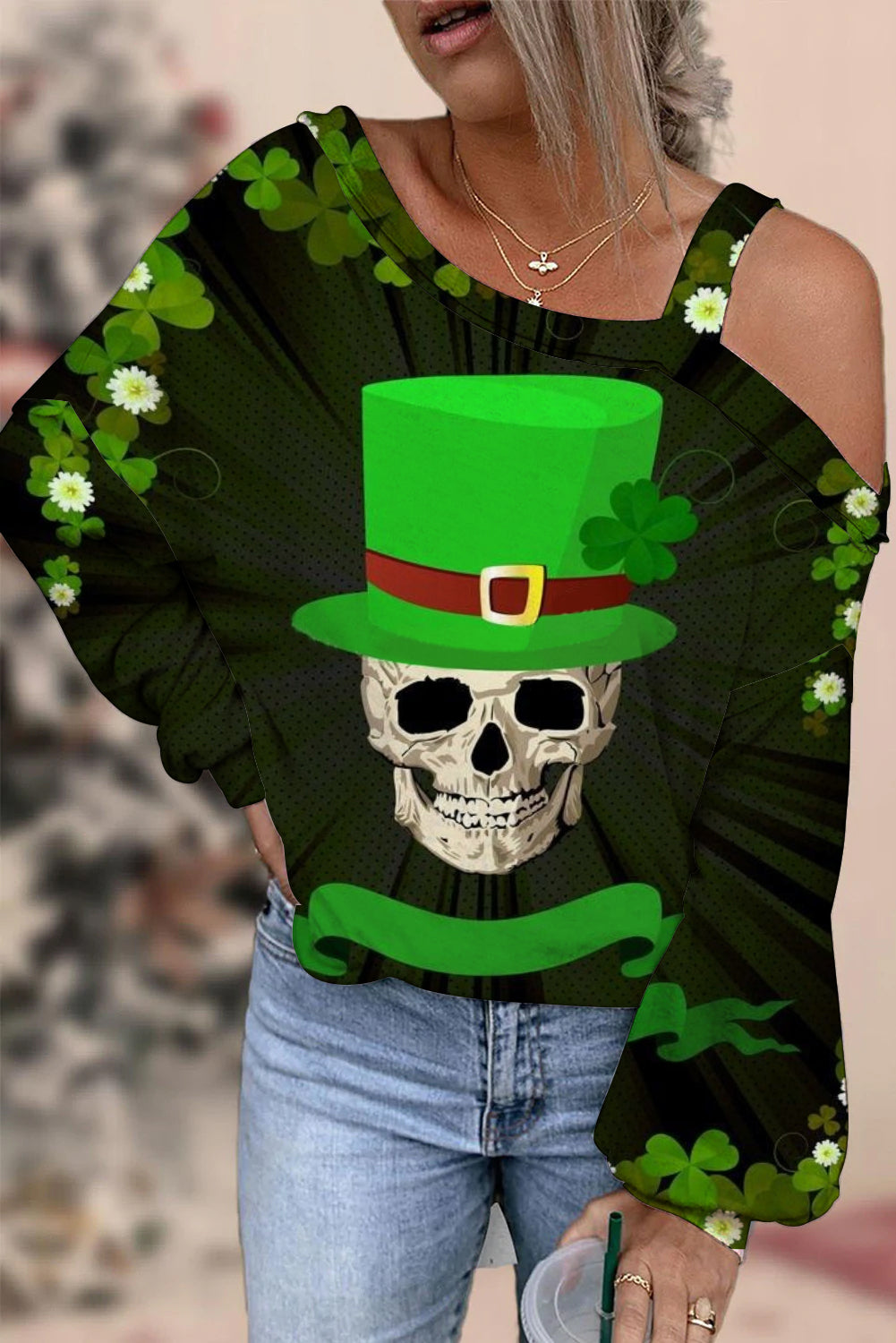 Green Hat Pirate Drinking Beer Skeleton Four Leaf Clover Clover Off Shoulder Blouse