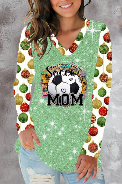 Soccer Mom Glitter Green V-Neck Sweatshirt