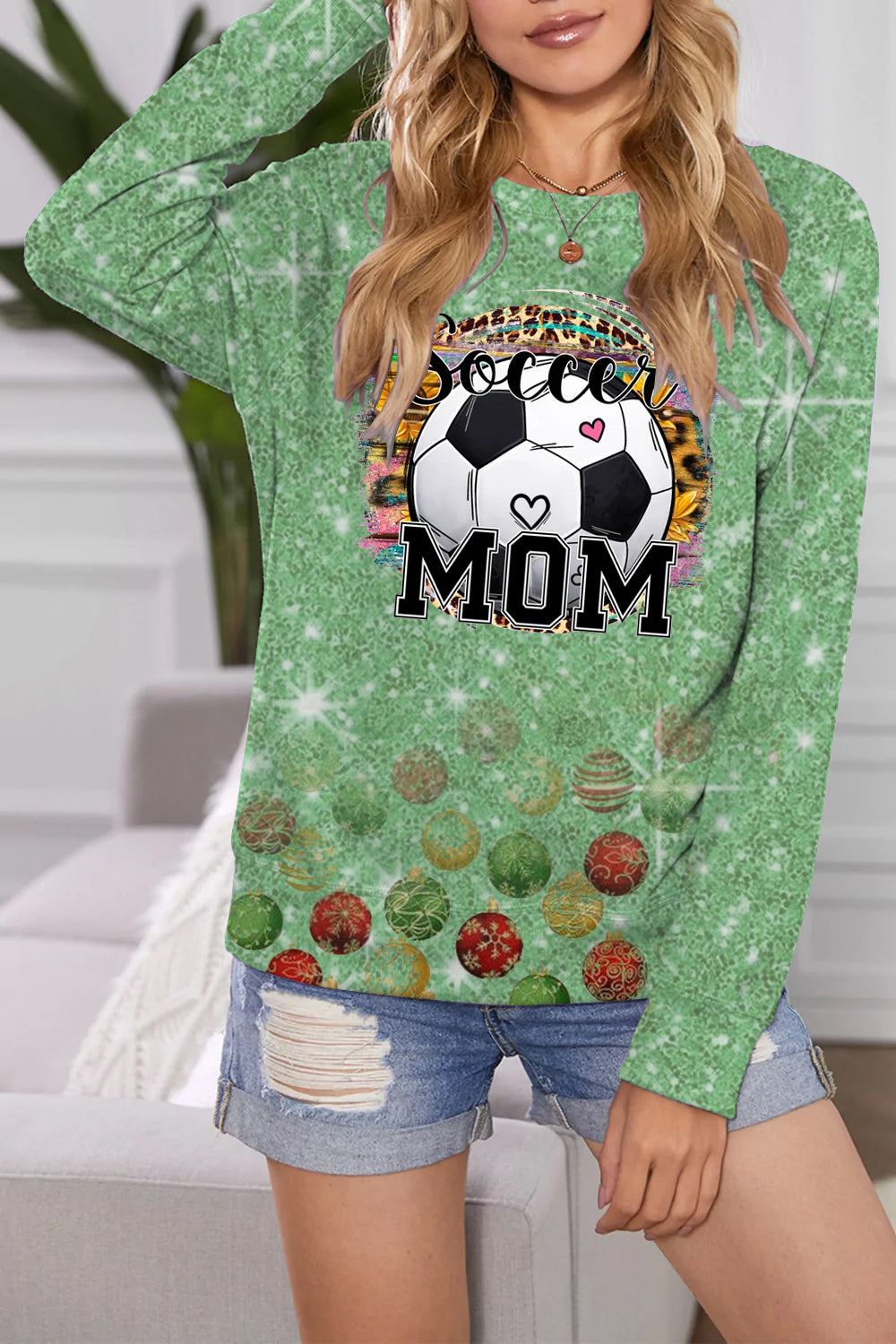 Fußball-Mama-Sweatshirt mit Rundhalsausschnitt in Glitzer-Grün