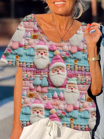 Women's Pink Cute Santa Claus Printed T-Shirt