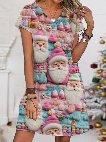 Women's Pink Santa V-Neck Printed Dress