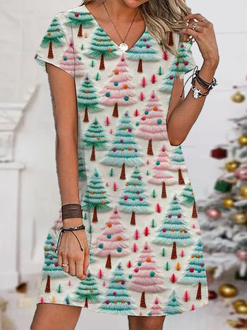 Women's Christmas Tree V-Neck Printed Dress