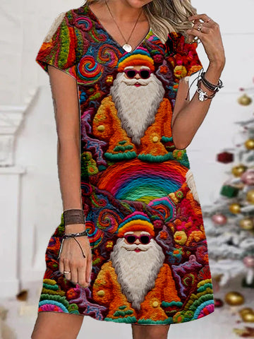 Women's Funny Santa V-Neck Printed Dress