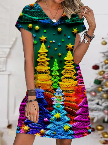 Women's Multicolor Christmas Tree V-Neck Print Dress