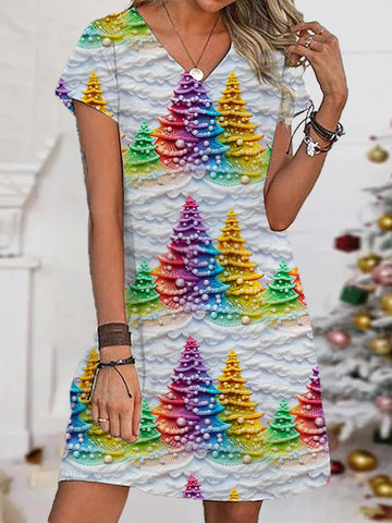Women's Colorful Christmas Tree V-Neck Printed Dress