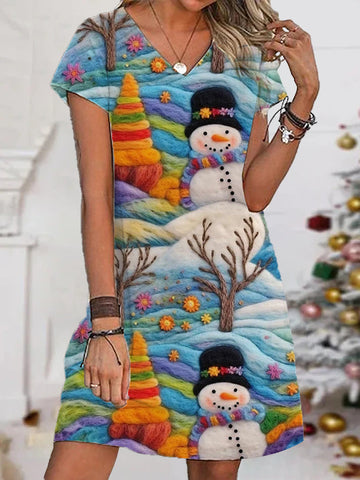 Women's Blue Snowman V-Neck Printed Dress