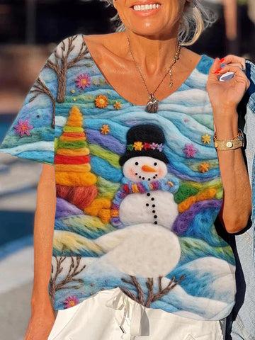 Women's Loose Cute Snowman Print T-Shirt