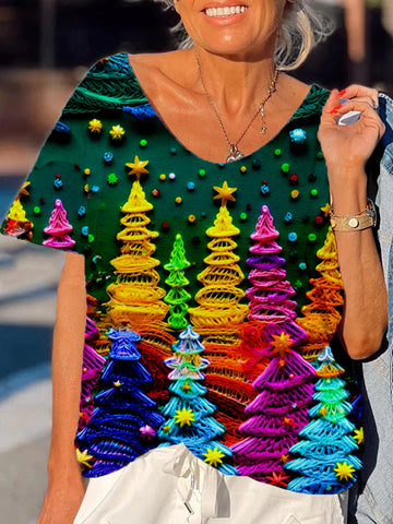 Women's Multicolor Christmas Tree Print T-Shirt